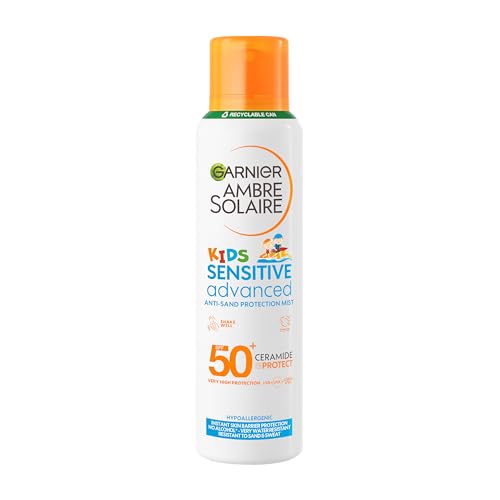 Garnier Ambre Solaire SPF 50+ Sensitive Advanced Kids Anti-Sand Mist, Children's Sun Protection Spray, Non-Greasy, Fast-Absorbing, Water and Sand-Resistant, Hypoallergenic, Fragrance-Free 150ml