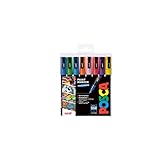 Posca Pens PC-3M Fine Acrylic Glitter Permanent Paint Markers for Adults. Perfect for Colouring, Fabric, Graffiti, Watercolour, Outline Drawing, Window and Glass Art. 8 Pack
