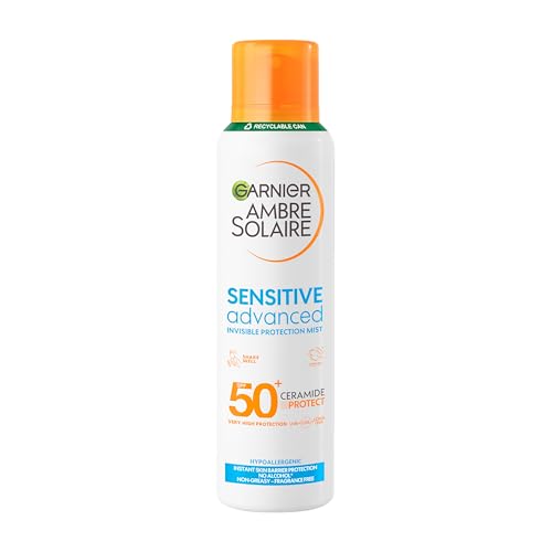 Garnier Ambre Solaire SPF 50+ Sensitive Advanced Dry Mist Sun Cream Spray, Water Resistant & Non Greasy Sunscreen, Fragrance Free, UVA & UVB Protection, 150ml
