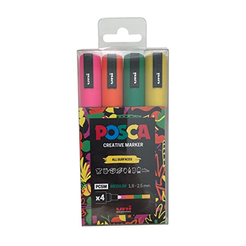 Posca Pens PC-5M Medium Acrylic Felt Tip Coloured Permanent Paint Markers for Adults and Kids. Perfect for Colouring, Fabric, Graffiti, Watercolour, Outline Drawing, Window and Glass Art. 4 Pack