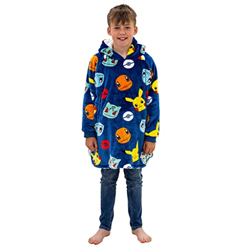 Hugzee Oversized Wearable Hooded Fleece | Super Warm and Cosy Sherpa Lined, Pokemon Design | Perfect For Kids Aged 7-12 Years, One Size Suggested Height 85cm+