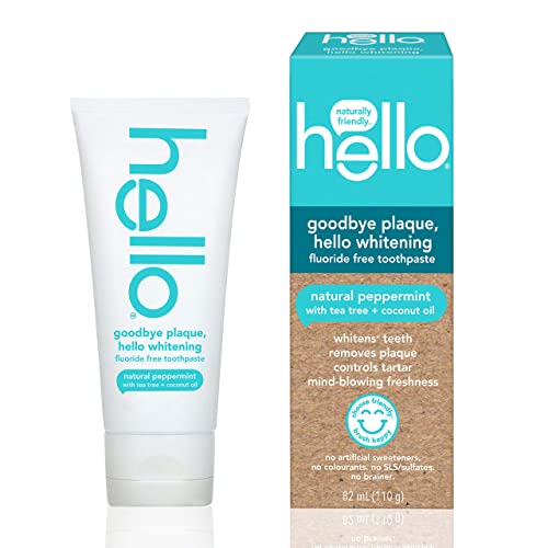Hello Goodbye Plaque Plus Whitening Fluoride-Free Toothpaste, Natural Peppermint Flavour, Peroxide Free, 82 ml