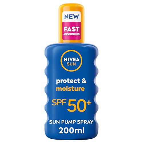 NIVEA SUN Protect & Moisture Sun Spray SPF 50+ (200ml), Moisturising Suncream Spray with Vitamin C and Hyaluron, Immediate UVA/UVB Protection, Fast-Absorbing No White Cast Formula