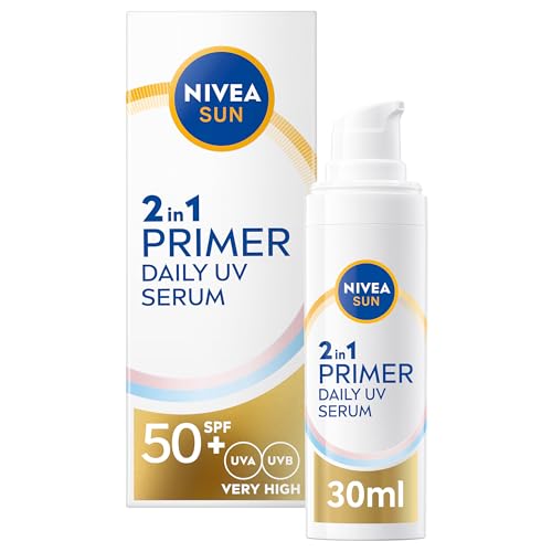 NIVEA SUN UV 2in1 Primer Daily UV Serum SPF50+ (30ml), Frangrance-Free Sunscreen with High SPF, Ideal as Makeup Base, Moisturising Formula with Hyaluron, No White Cast