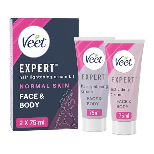 Veet Expert Hair Lightening Cream Kit, Face & Body, Normal Skin, 2 x 75ml, with Mixing Shell and Spatula, Effective in 5 Mins, Mineral Oils