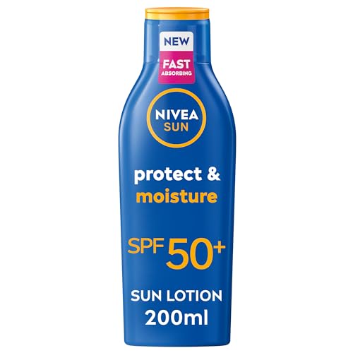 NIVEA SUN Protect & Moisture Sun Lotion SPF 50+ (200 ml), Suncream with Vitamin C and Hyaluron, Provides 48H Moisture and Immediate UVA/UVB Protection, Fast-Absorbing, No White Cast Formula