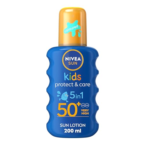 NIVEA SUN Kids Protect & Care SPF 50+ Coloured Spray (200ml), Sunscreen Protects Delicate Skin Against Sunburn and Long-Term UV Damage, Fast-Absorbing No White Cast Sun Lotion