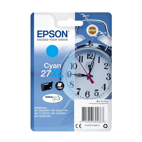 Epson 27XL Cyan Alarm Clock High Yield Genuine, DuraBrite Ultra Ink Cartridge, IND Cyan
