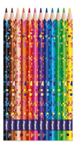 Maped Pixel Party Coloured Pencils – Resin Coloured Pencils – Children's Coloured Pencils – Durable Lead – Ergonomic Triangular Shape – Box of 12 Colouring Pencils
