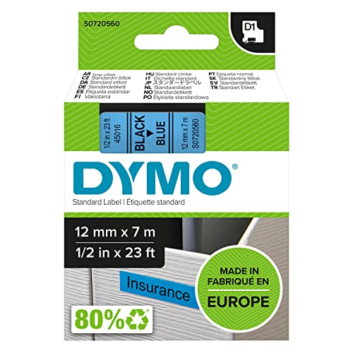 DYMO Authentic D1 Labels | Black Print on Blue Tape | 12 mm x 7 m | Self-Adhesive Labels for LabelManager Label Makers | Made in Europe
