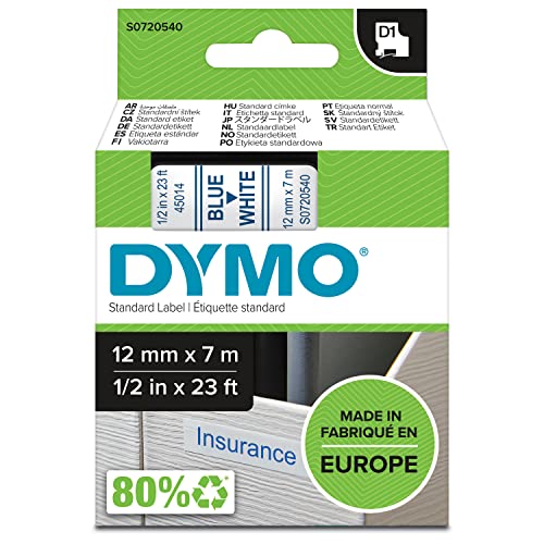 DYMO Authentic D1 Labels | Blue Print on White Tape | 12 mm x 7 m | Self-Adhesive Labels for LabelManager Label Makers | Made in Europe