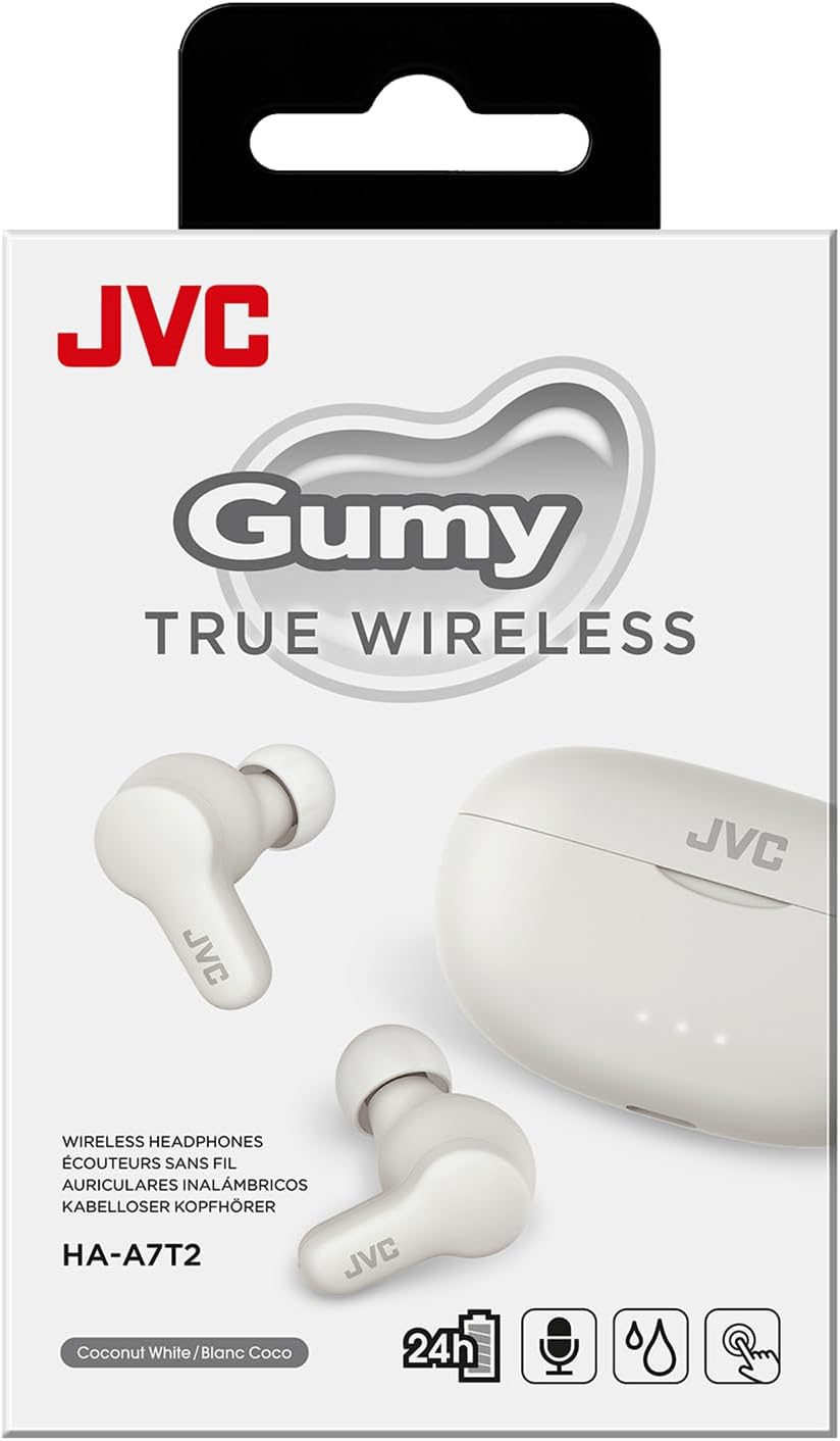 JVC HA-A7T2 Gumy Wireless Bluetooth Headphones, 24 Hour Battery (White)