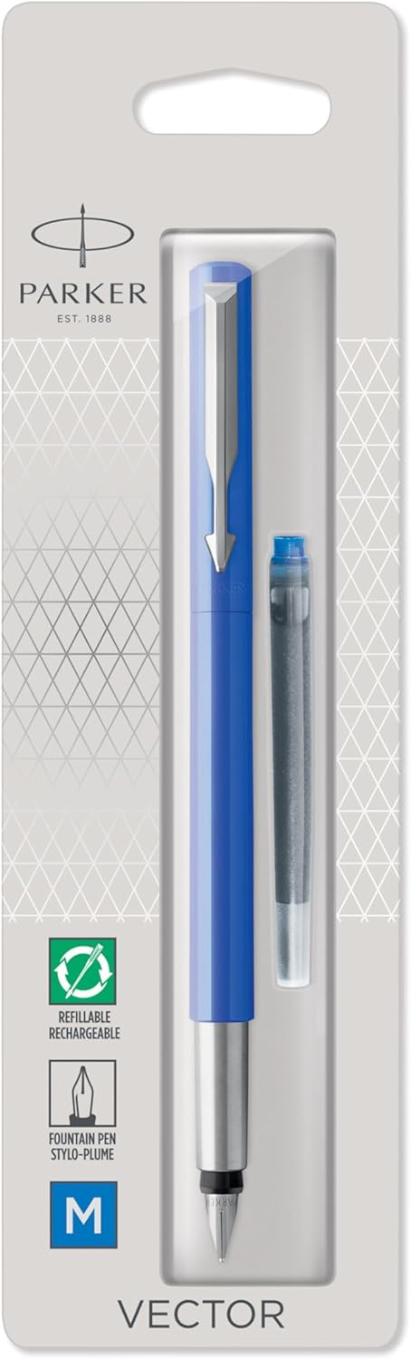 Parker Vector Fountain Pen Blue with Chrome Trim - Medium Nib Blue Ink