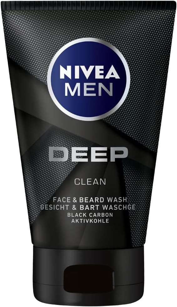 NIVEA MEN Deep Black Charcoal Face Wash (75ml), Dark Wood Men's Face Wash and Face Cleanser with Activated Charcoal, Anti-Bacterial Exfoliating Face Wash