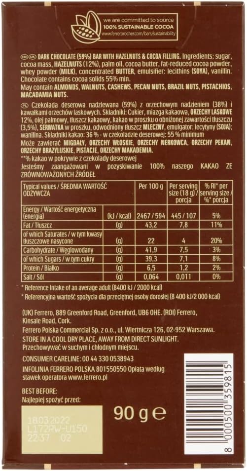 Ferrero Rocher Dark Chocolate and Hazelnut Bar, Chocolate Bars, 55 Percent Dark Chocolate with Crunchy Whole Hazelnut and Cocoa Filling 90g