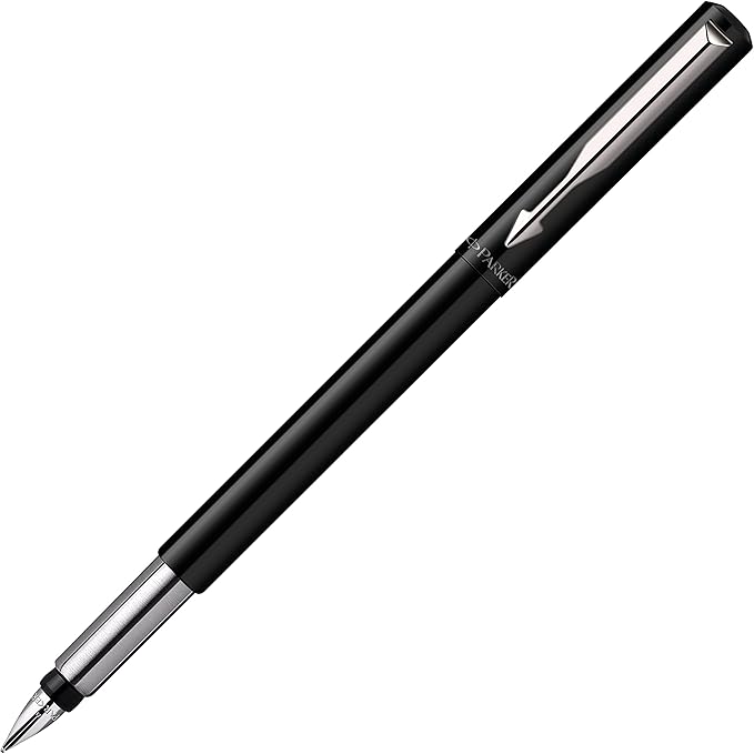 Parker Vector Fountain Pen Black with Chrome Trim Medium Nib Blue Ink