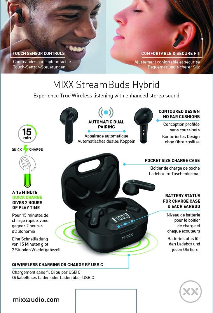 StreamBuds Hybrid by MIXX -Wireless Bluetooth Headphones with Microphone, IPX5, HI-FI Stereo earphones, 40H Playtime with Charging Case, LED Display for Work or sport or play (Black)