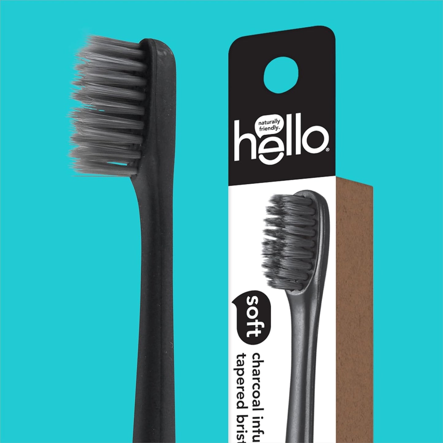 Hello Soft Manual Toothbrush, Charcoal Infused bristles, BPA-Free, Plant-Based Handle - Black