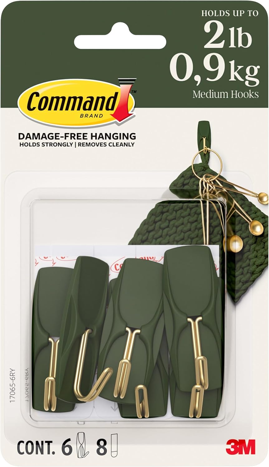 Command Medium Wire Hooks, Rosemary Green, 6 Hooks, 8 Strips