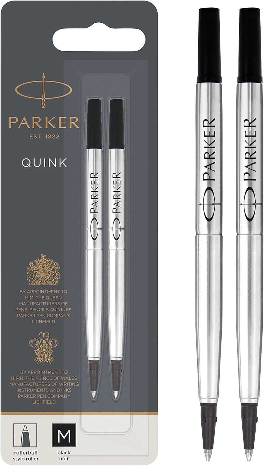 Parker Rollerball Pen Refills Medium Point Black QUINK Ink 2PK