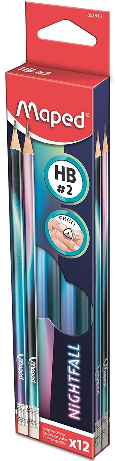 Maped - 12 Nightfall Eraser Tip Graphite Pencils - 1 Box of 12 Grey Pencils - Resistant HB Lead
