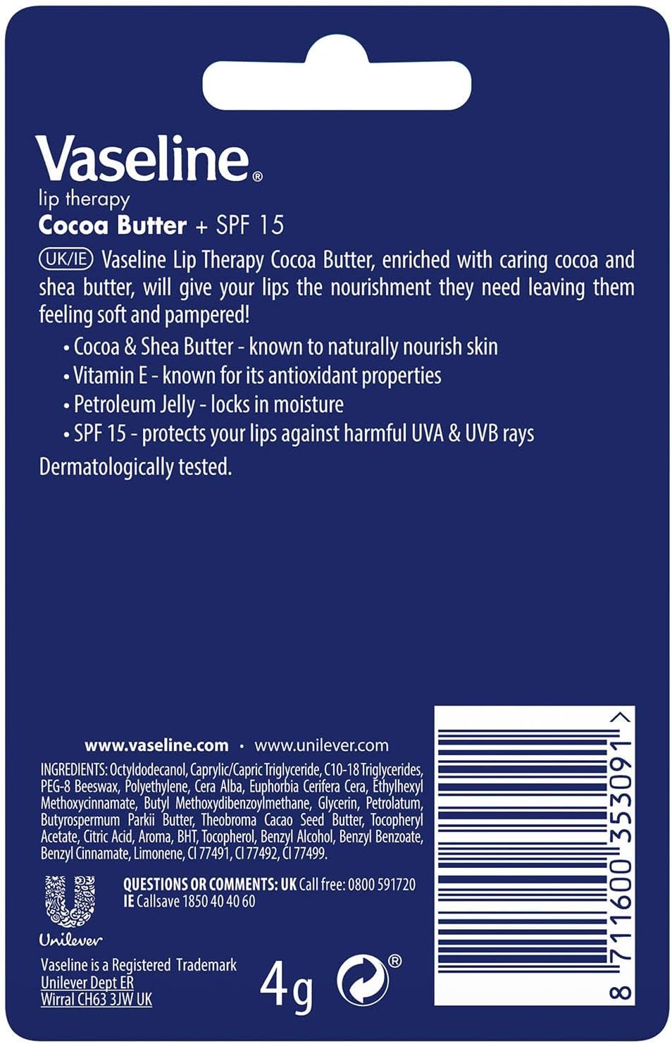 Vaseline Lip Therapy Cocoa Butter 4g Stick