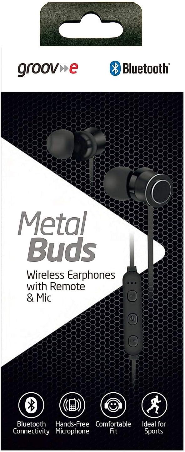Groov-e Metal Buds - Wireless Earphones with Remote & Mic - Bluetooth Connectivity - Neckband Headphones with Ergonomic Design - USB Charging - 4hrs Audio Playback - Black