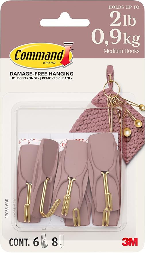 Command Medium Wire Hooks, Dusty Rose, 6 Hooks, 8 Strips