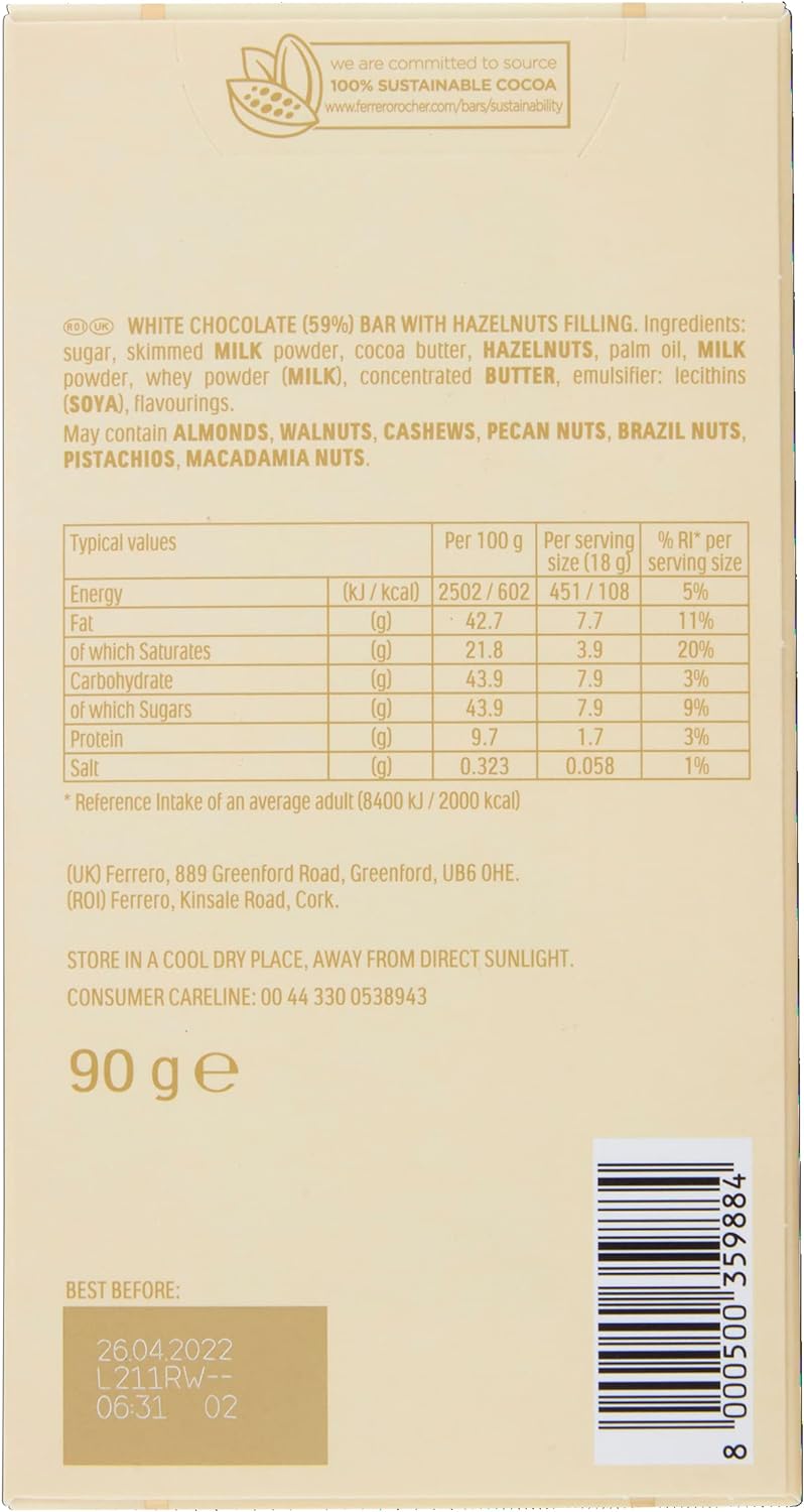 Ferrero Rocher White Chocolate Bar, Movie Night Snacks, Chocolate Gift with Crunchy Whole Hazelnut and Cocoa Filling, 90g