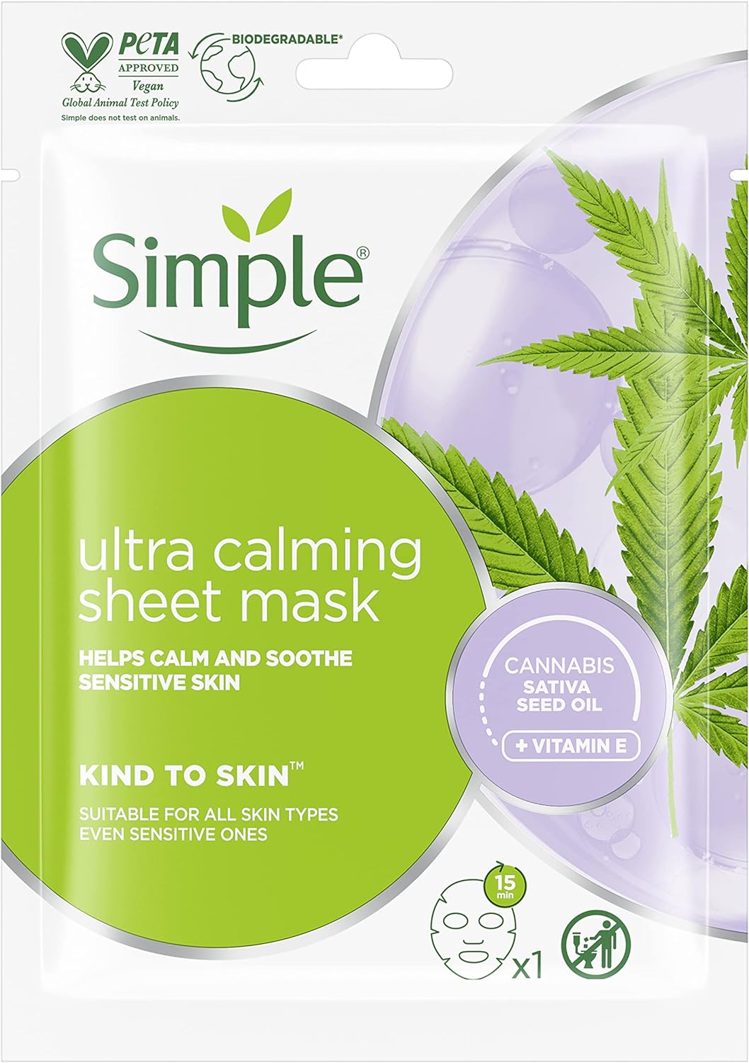 Simple Kind To Skin Ultra Calming Cruelty-Free And Vegan Biodegradable Sheet Mask For Stressed And Sensitive Skin 1 Pc