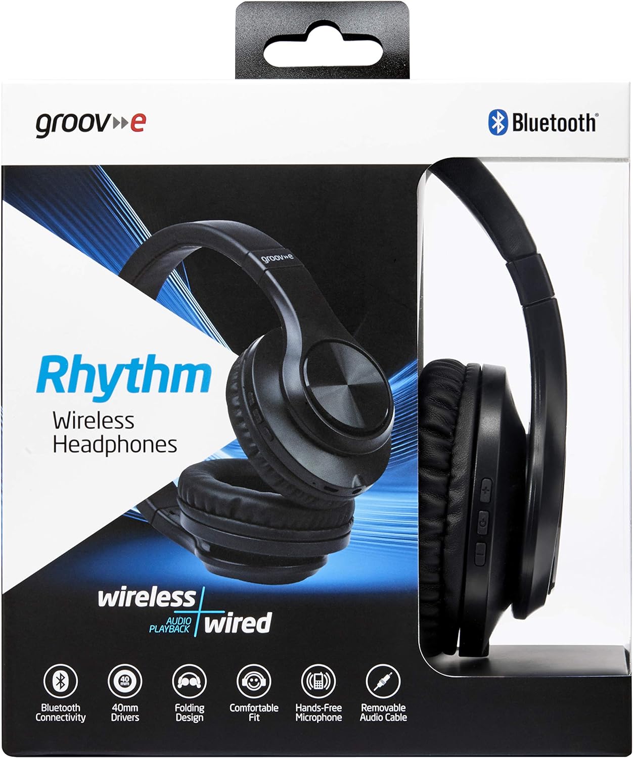groov e Rhythm - Wireless Bluetooth Headphones - Over the Ear Headphone with Built-in Mic, Adjustable Headband, & 6Hrs Audio Playback - Bluetooth & 3.5mm Audio Jack - Black