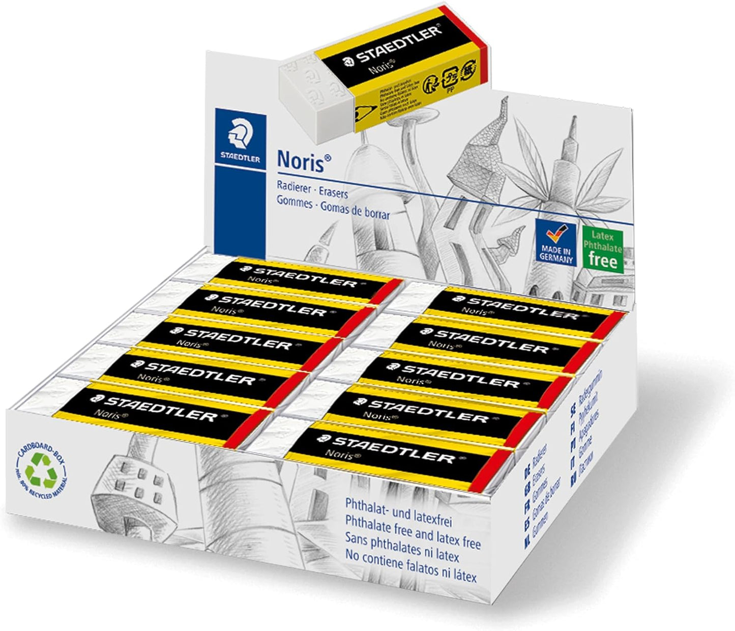 STAEDTLER 526 N20 Noris Eraser, Latex & Phthalate-Free - Medium Size 65x23x13mm (Pack of 20)