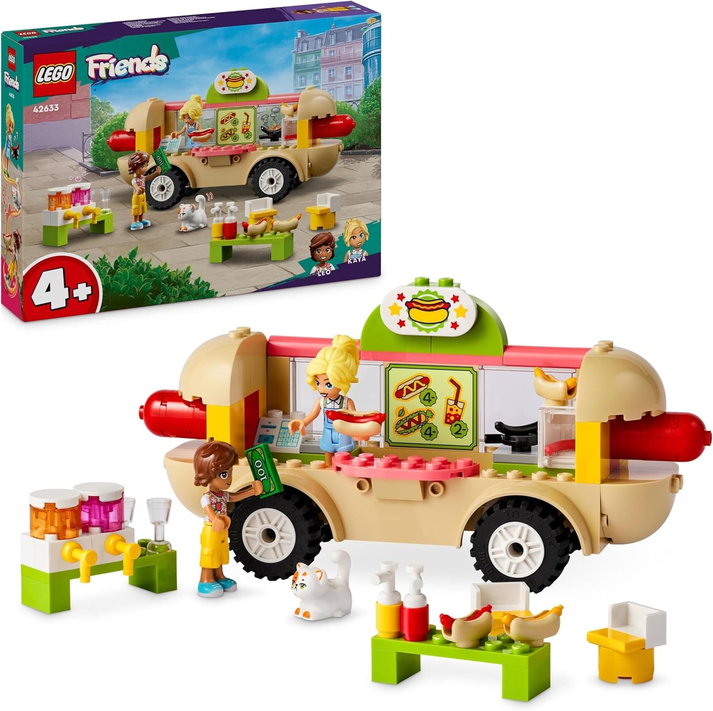 LEGO Friends Hot Dog Food Truck Toy for 4 Plus Year Old Girls, Boys & Kids, Vehicle Set with Mini-Doll Characters, Cat Figure and Kitchen Accessories, Pretend Restaurant Play, Birthday Gift 42633
