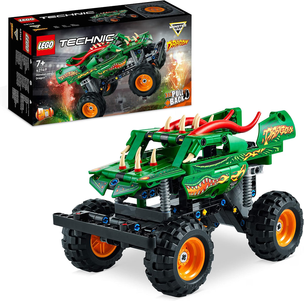 LEGO Technic Monster Jam Dragon Monster Truck Toy for 7 Plus Year Old Boys and Girls, 2in1 Racing Pull Back Car Toys for Off Road Stunts & Imaginative Play, Kids' Birthday Gift Idea 42149