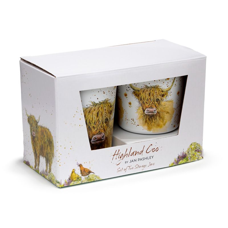Jan Pashley Highland Coo Cow Set of 2 RPET & Bamboo Storage Jars S/M
