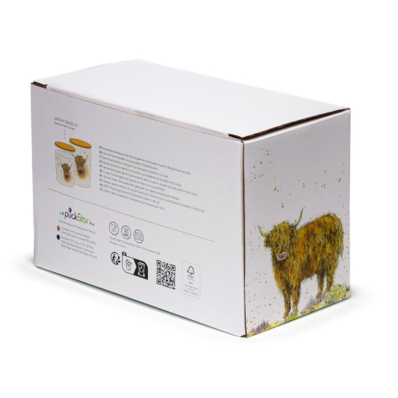 Jan Pashley Highland Coo Cow Set of 2 RPET & Bamboo Storage Jars S/M