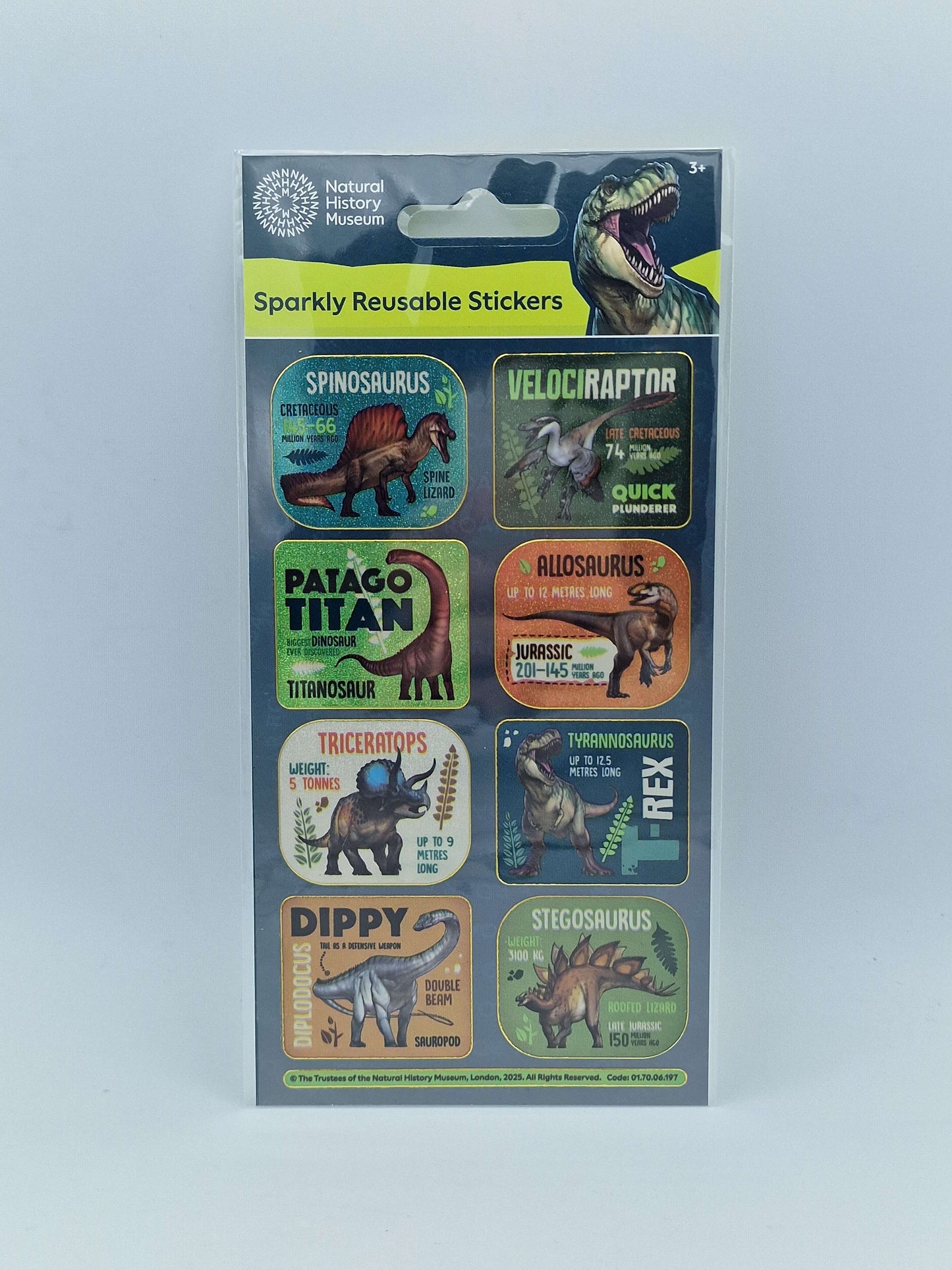Natural History Museum Dinosaurs Sparkly Captioned Reusable Stickers
