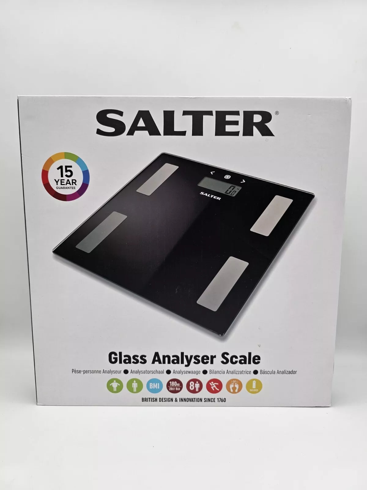 Salter Bathroom Fitness Scale Body Analyser Weight BMI Fat/Water Glass Black