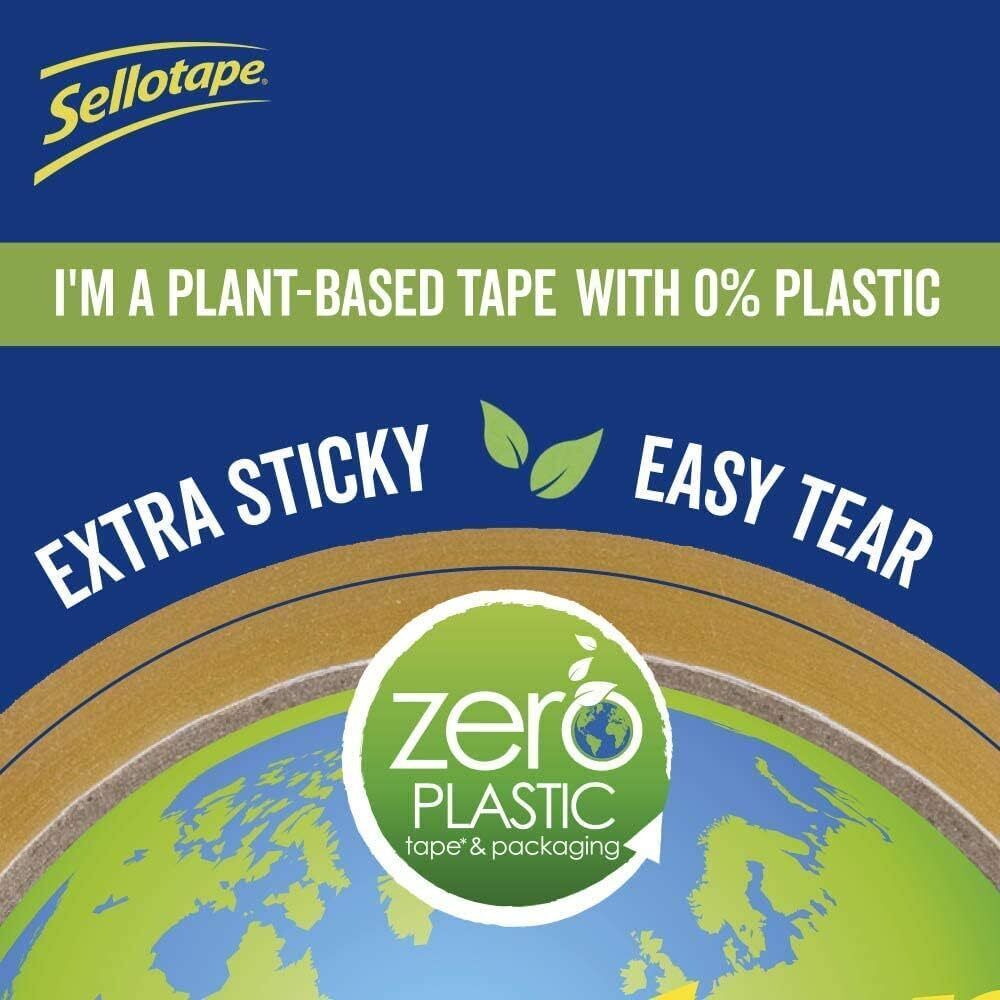 Sellotape Zero Plastic Tape, Multi-Purpose Clear Tape for Household Objects, Clear Packing Tape for Sticking Envelopes or Cards, Easy to Use Plant Based Packaging Tape with 0% Plastic, 24mm x 30m