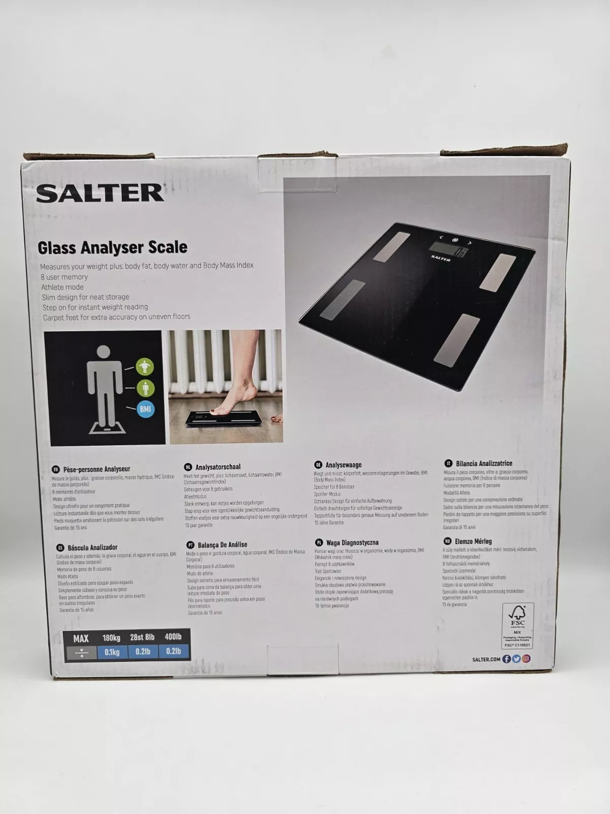 Salter Bathroom Fitness Scale Body Analyser Weight BMI Fat/Water Glass Black