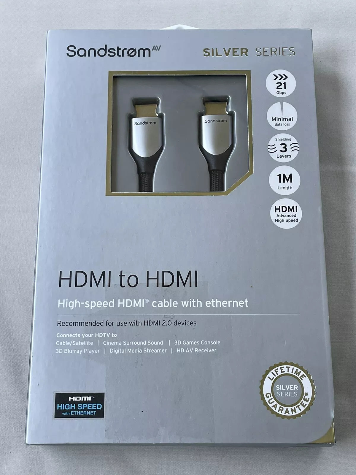 SANDSTROM AV Silver Series S1HDM214X HDMI to HDMI GoldPlated Cable 1M