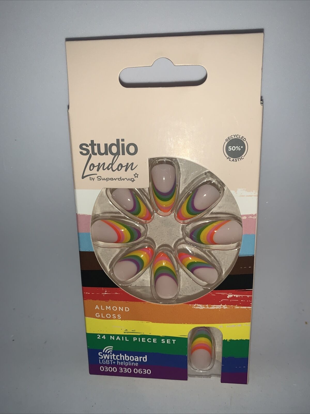 Studio London Almond Gloss Rainbow PRIDE gloss Nails 24 Nails & 2g Nail Glue