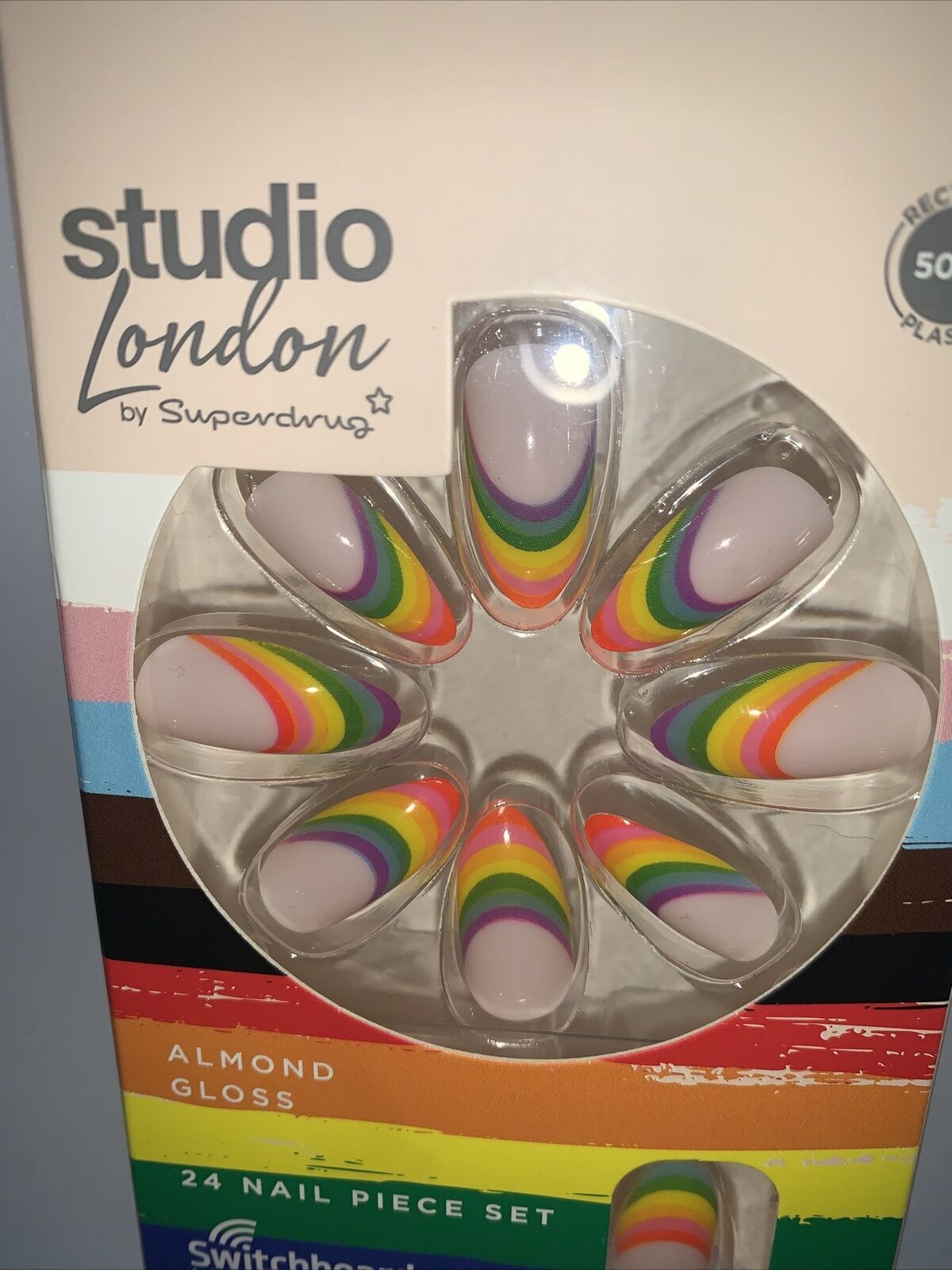 Studio London Almond Gloss Rainbow PRIDE gloss Nails 24 Nails & 2g Nail Glue