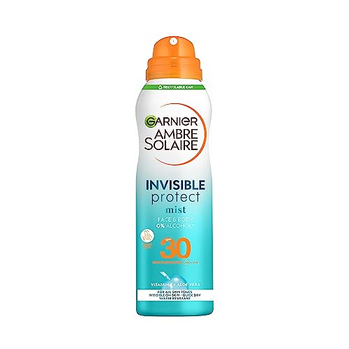 Garnier Ambre Solaire SPF 30 Transparent Sun Cream Spray, Quick Dry, High Sun Protection Factor 30, Water Resistant Sunscreen, Aloe Vera, UVA & UVB Protection, Invisible Protect Mist, 200 ml