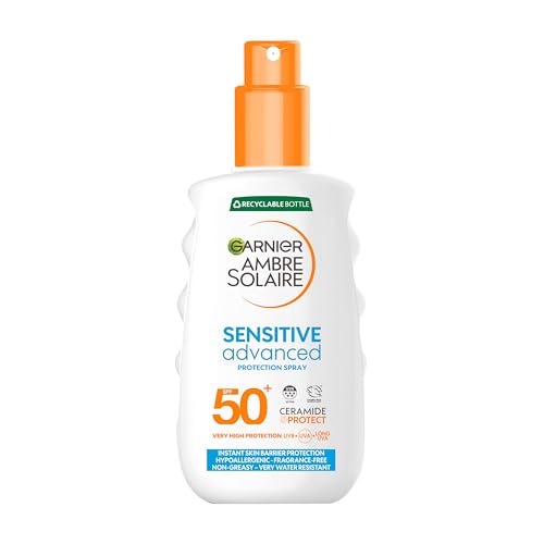Garnier Ambre Solaire SPF 50+ Sensitive Advanced Sun Cream Spray, High Protection, Factor 50, Water Resistant, Non-Greasy, Fragrance-Free, Hypoallergenic, UVA UVB Protection with Ceramide, 150ml