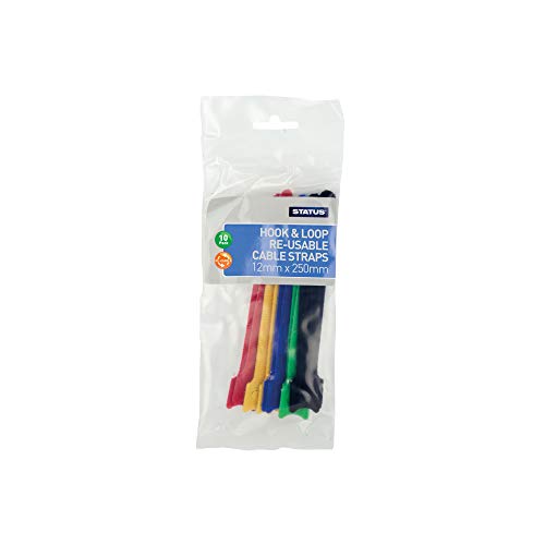 STATUS Reusable Cable Tie | 10 Adjustable Releasable Hook & Loop Reusable Cable Straps | Multi Colour 12mm x 250mm Cable Straps | S150HL10PKX12