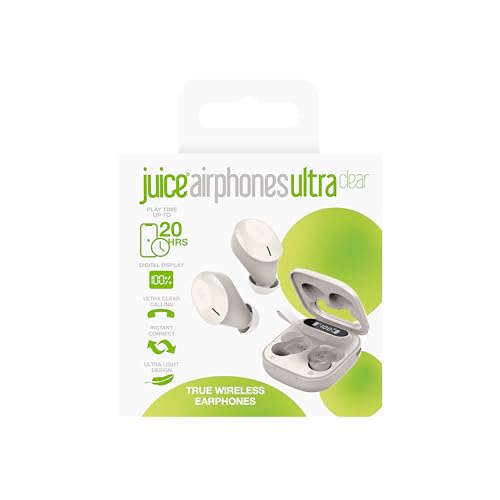 Juice Airphones Ultra Clear, Wireless In-Ear Earbuds - Bluetooth, 20 Hours Total Playtime, Digital Display, Ultra Clear Calling, Instant Connect, Extended Touch Control on Buds (Smokey Cream)