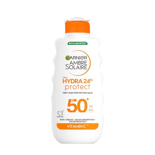 Garnier Ambre Solaire SPF 50+ Hydra 24 Hour Protect High protection UVB & UVA hydrating sun cream lotion. Enriched with Vitamin C, Water Resistant Sunscreen, Non greasy, Fast Absorbsion, 175ml