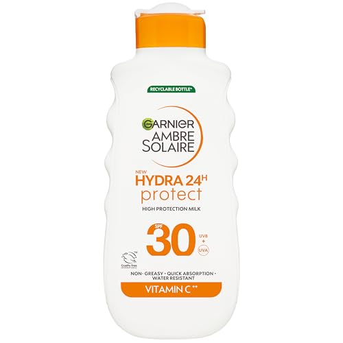 Garnier Ambre Solaire SPF 30 Hydra 24 Hour Protect High protection UVB & UVA hydrating sun cream lotion. Enriched with Vitamin C, Water Resistant Sunscreen, Non greasy, Fast Absorbsion, 175ml