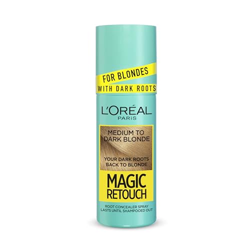 L'Oréal Paris Magic Retouch Instant Root Concealer Spray: Ideal for Touching Up Grey Regrowth, All Textures, 3s, Flawless Coverage, 75ml - Med to Dark Blonde